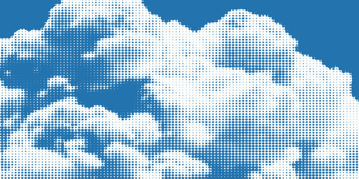 Halftone blue sky with fluffy white clouds. Retro comic dot texture with vintage pop art effect. Abstract summer cloud background inspired by manga and comic print. Vector illustration