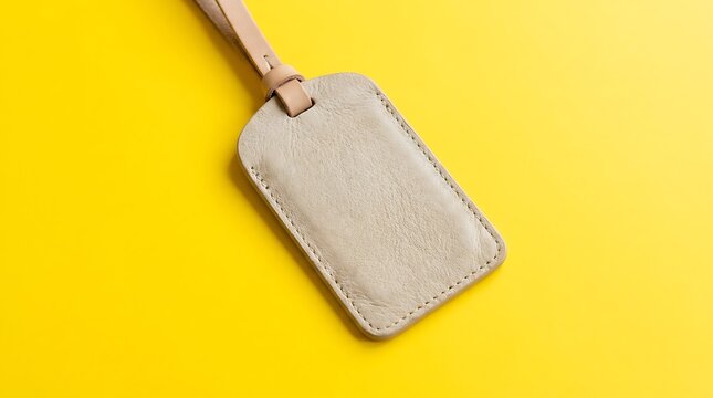 Beige leather luggage tag on yellow background travel