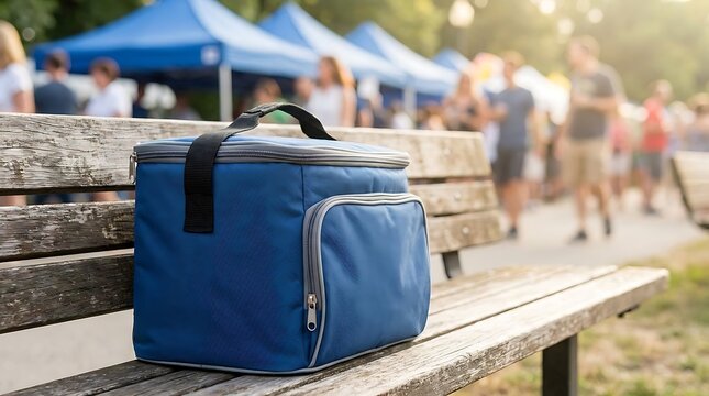 Blue cooler bag on wooden bench at outdoor event insulated bag