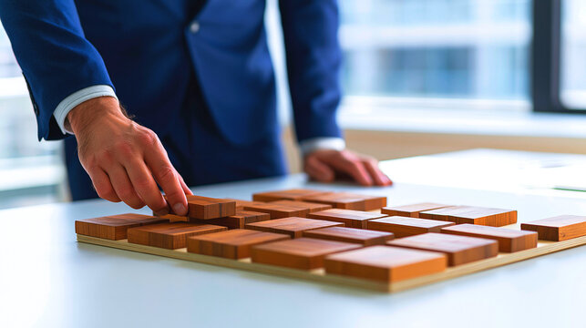 Captured at close range with an 85mm lens the image reveals a business professional manipulating ordered wooden cubes on a bright desk with a blurred contemporary office backdrop