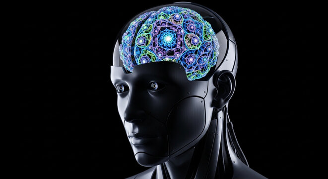 A dark humanoid robot head with a glowing, intricate, colorful pattern visible within its transparent brain, symbolizing advanced artificial intelligence and complex thought processes.