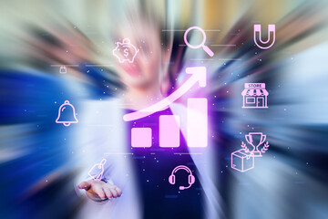 Fototapeta premium Business person showing growth graph with digital icons in office setting
