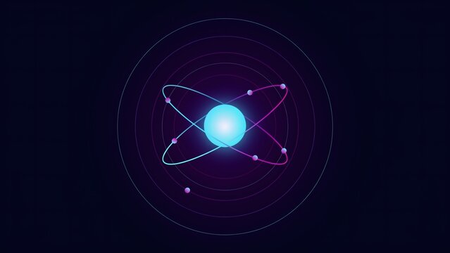 Abstract digital representation featuring glowing atomic structure with orbital paths against deep dark background space with surrounded intersecting elliptical