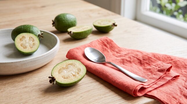 Cut feijoas arranged for seasonal nutrition and recipes