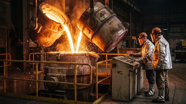 Steelworkers guide a molten pour in hydrogen foundry