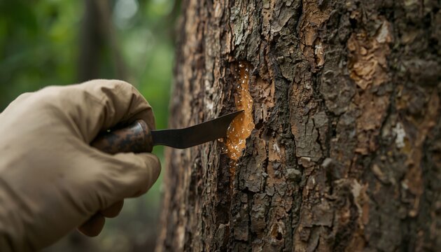 Making Precision Incision on Guggulu Tree Trunk for Resin Tapping