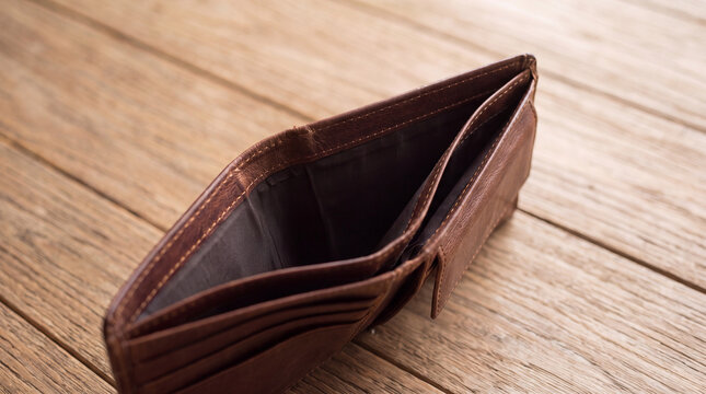 Empty brown leather wallet on wooden table. Financial crisis and poverty concept. Lack of money, bankruptcy and budget planning. Personal debt and credit card refusal symbolism.