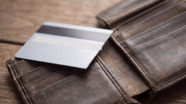 Cut credit card lying on leather wallet. Concept of refusal from loan and debt. Financial planning and budget management. Personal economy and avoiding of overspending and banking interest.