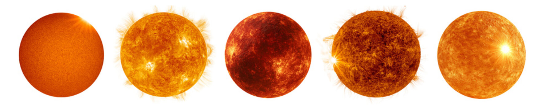 Set of Sun with different surfaces isolated on the transparent background.