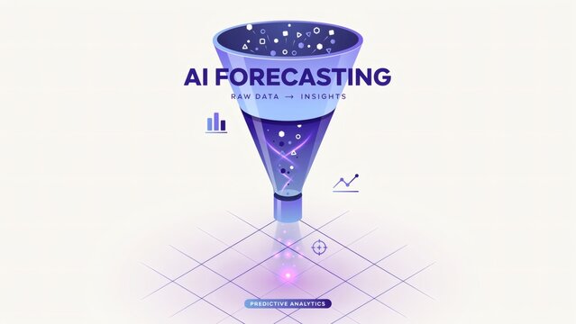 Futuristic artificial intelligence forecasting funnel illustration with data icons with digital illustration blue data funnel processing information insights