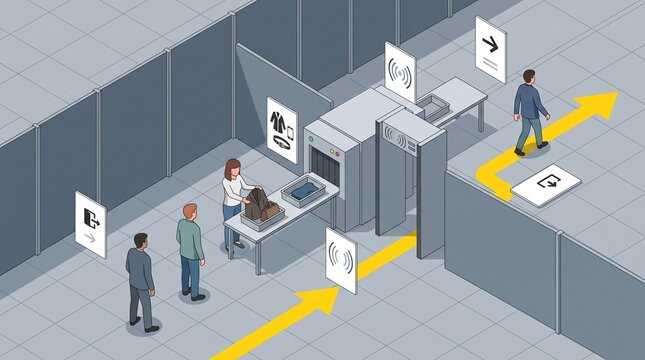 Airport connection security screening flow in isometric view