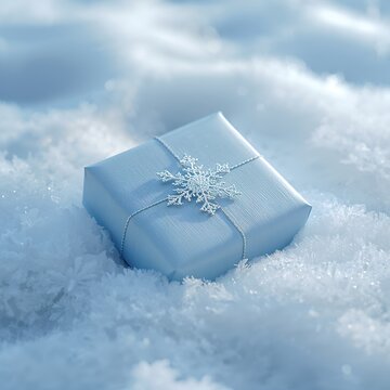 A beautifully wrapped gift box with a snowflake ornament rests on a bed of fresh, soft snow. The light blue wrapping and delicate snowflake evoke a sense of winter magic and thoughtful giving