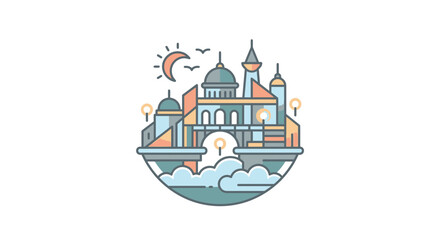 Fototapeta premium Whimsical floating castle city in the clouds with sun and moon, flat design illustration.