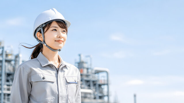 ヘルメットと作業服を着用しプラント工場を背に未来を見つめる女性技術者