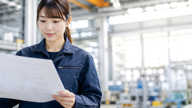 広い工場内で真剣な表情で設計図面を確認・チェックする女性エンジニア
