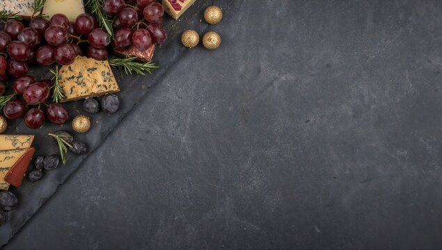 A delicious cheese and fruit platter with grapes, blueberries, and rosemary on a dark slate background, ready to be enjoyed