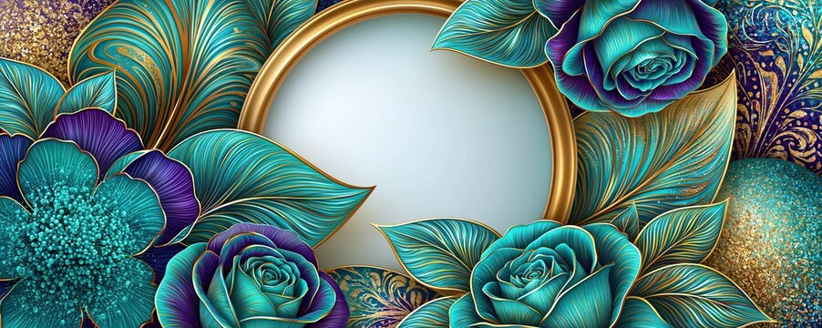 Ornate Golden Frame Surrounded by Luxurious Teal and Purple Floral Embellishments with Gold Accents