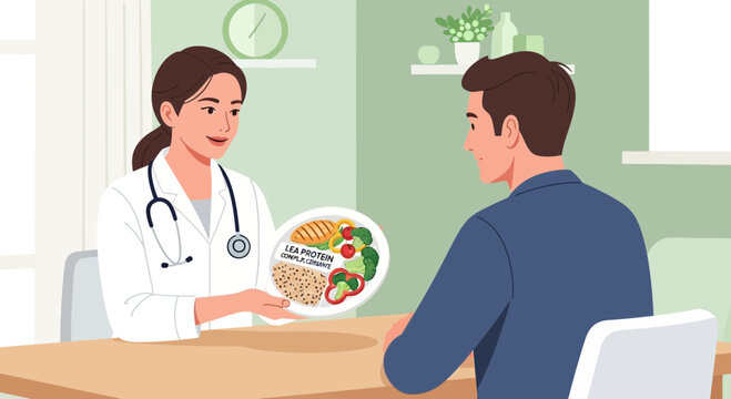 Doctor advises patient on healthy diet with protein and vegetables