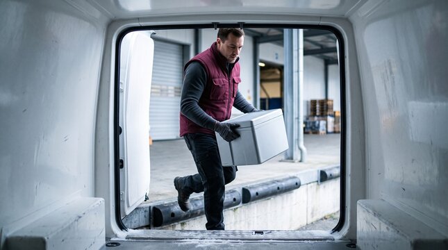 Worker transfers chilled cargo from refrigerated vehicle