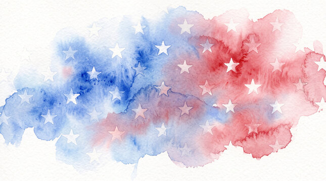 Abstract red and blue watercolor splash with patriotic stars.