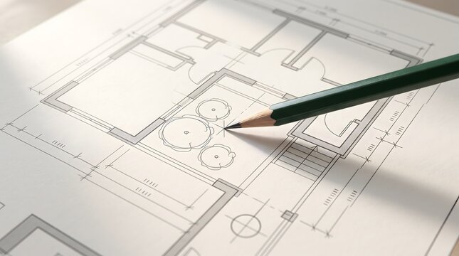 Architectural Floor Plan Blueprint with Pencil Highlighting Construction Planning and Real Estate Development Concept