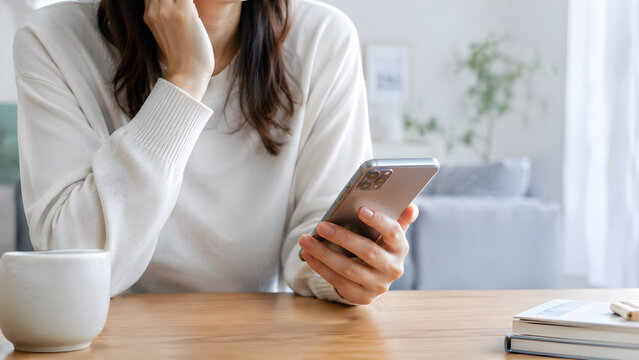 明るい室内でスマートフォンを手に持ち物思いにふける女性の手元