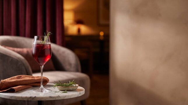 Garnet mocktail on an amber hotel lounge table