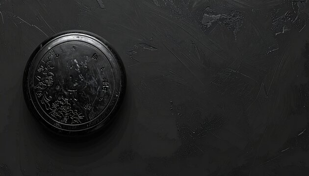 Close up of a black textured coin on dark surface.