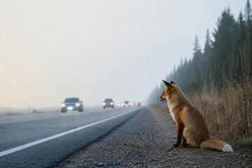 Fototapeta premium Red fox sits beside a foggy highway. Space for text.