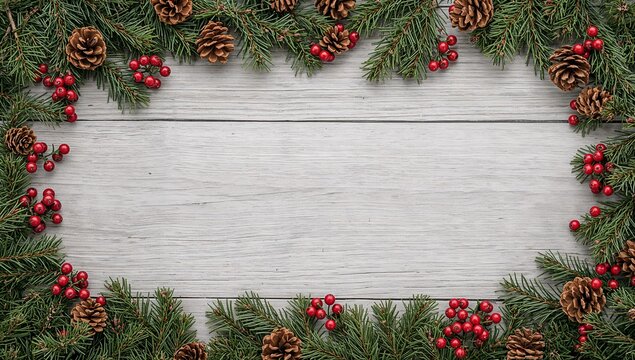 A rustic wooden plank backdrop, bordered by a festive arrangement of evergreen branches, pinecones, and red berries, evoking a cozy holiday spirit