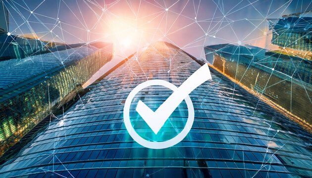 modern corporate skyscraper with digital network connection lines radiating outward and a verified checkmark symbol business technology approval and global communication innovation in urban