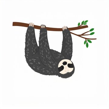Cute Sloth Hanging from Tree Branch with Leaves.