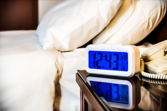 Alarm clock electronic stands on a bedside table near the bed in the hotel