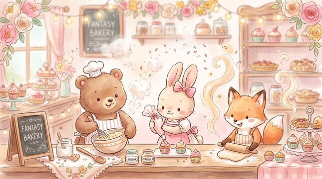 Charming watercolor artwork depicting cute bunny and bear chefs baking sweet pastries in a warm, flour-dusted kitchen studio.