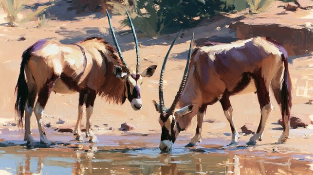 Two elegant antelopes drink from a tranquil water source in the arid landscape.