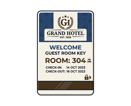 Pixel Art Grand Hotel Guest Room Keycard With Room Number 304 Check In And Check Out Dates