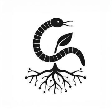 Black and white illustration of worm with plant roots and leaf.