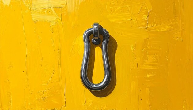 Close up of a metal shackle on yellow background.