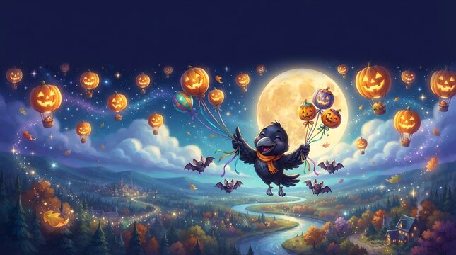Raven floating beneath pumpkin balloon