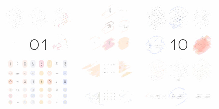 Pastel watercolor label set with numbers and brushstroke elements