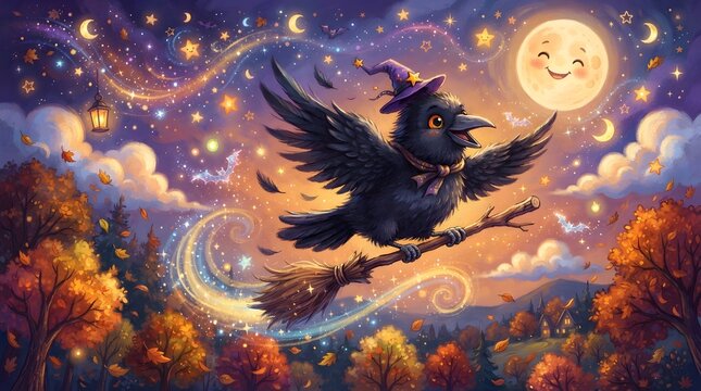 Raven soaring on broomstick