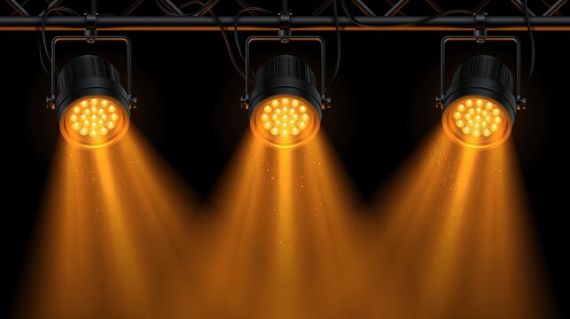 Three bright orange stage lights illuminating a dark backdrop with beams of light