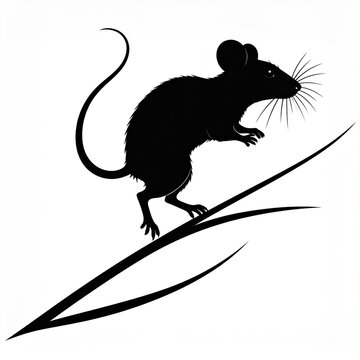 Black and white silhouette of a mouse on a curved line.