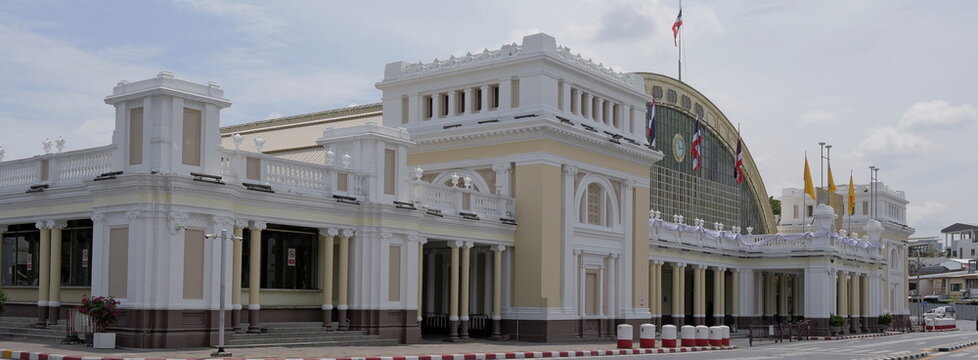 An exterior view of the historic neo-Renaissance architecture of Hua Lamphong train station in Thai capital Bangkok