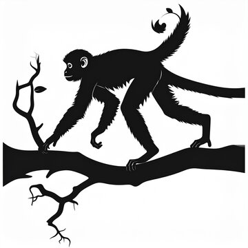 Silhouette of a monkey walking on a tree branch.