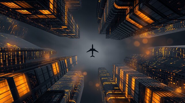 Silhouette of an airplane flying through a futuristic cityscape with glowing orange skyscrapers under a dark cloudy sky