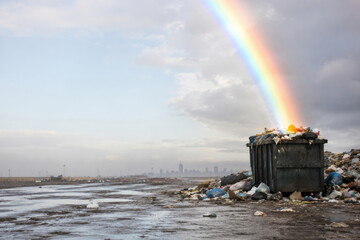 Obraz premium Rainbow ends above an overflowing garbage dumpster. Space for text.
