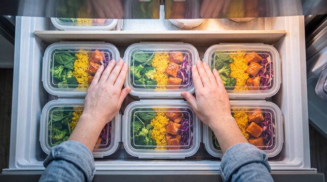 Hands close prepared weekly meals in organized cold storage
