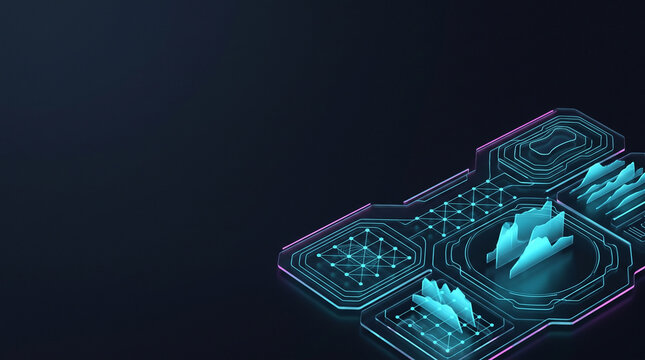 Abstract data analysis interface with glowing blue charts on dark background