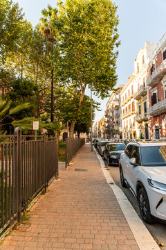 Bari, Italy tree-lined sidewalk with parked cars along residential street in warm afternoon light, concept of Mediterranean urban life and southern European city